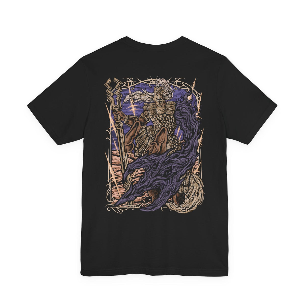 Image 5 of a T-Shirt artwork depicting Fulghor during his Nightreign boss battle, charging across the battlefield with his great spear while golden energy and violent wind surge around his armored centaur body. Dark Night power pours from the missing arm on his left side as the battlefield cracks beneath him. The composition emphasizes his ancient suffering, relentless aggression, and supernatural power.
