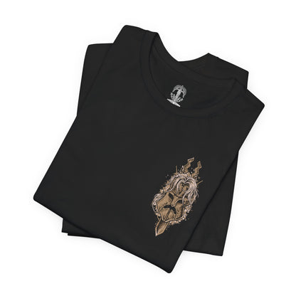 Image 6 of a T-Shirt artwork depicting Fulghor during his Nightreign boss battle, charging across the battlefield with his great spear while golden energy and violent wind surge around his armored centaur body. Dark Night power pours from the missing arm on his left side as the battlefield cracks beneath him. The composition emphasizes his ancient suffering, relentless aggression, and supernatural power.