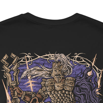 Image 7 of a T-Shirt artwork depicting Fulghor during his Nightreign boss battle, charging across the battlefield with his great spear while golden energy and violent wind surge around his armored centaur body. Dark Night power pours from the missing arm on his left side as the battlefield cracks beneath him. The composition emphasizes his ancient suffering, relentless aggression, and supernatural power.