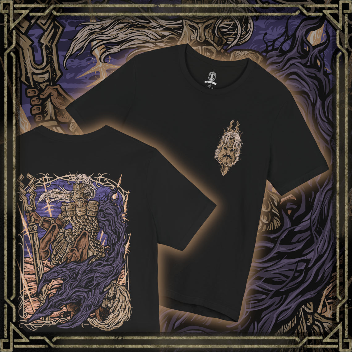 Thumbnail of a T-Shirt artwork depicting Fulghor during his Nightreign boss battle, charging across the battlefield with his great spear while golden energy and violent wind surge around his armored centaur body. Dark Night power pours from the missing arm on his left side as the battlefield cracks beneath him. The composition emphasizes his ancient suffering, relentless aggression, and supernatural power.