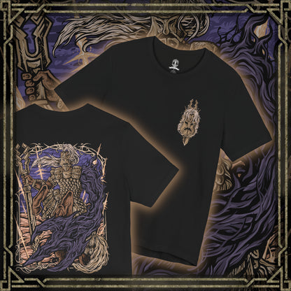 Thumbnail of a T-Shirt artwork depicting Fulghor during his Nightreign boss battle, charging across the battlefield with his great spear while golden energy and violent wind surge around his armored centaur body. Dark Night power pours from the missing arm on his left side as the battlefield cracks beneath him. The composition emphasizes his ancient suffering, relentless aggression, and supernatural power.