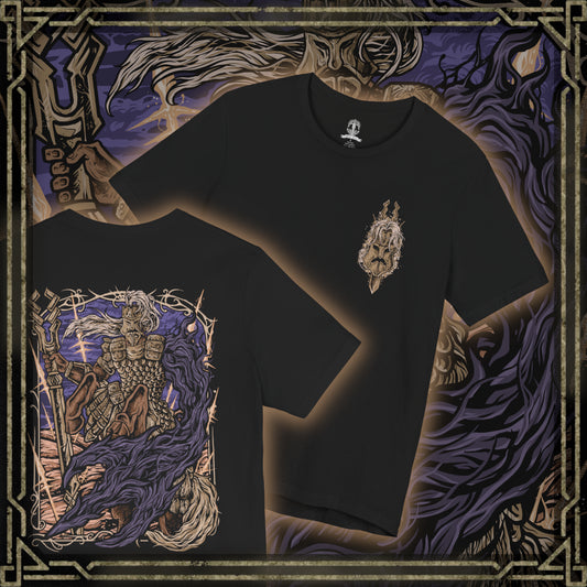 Thumbnail of a T-Shirt artwork depicting Fulghor during his Nightreign boss battle, charging across the battlefield with his great spear while golden energy and violent wind surge around his armored centaur body. Dark Night power pours from the missing arm on his left side as the battlefield cracks beneath him. The composition emphasizes his ancient suffering, relentless aggression, and supernatural power.