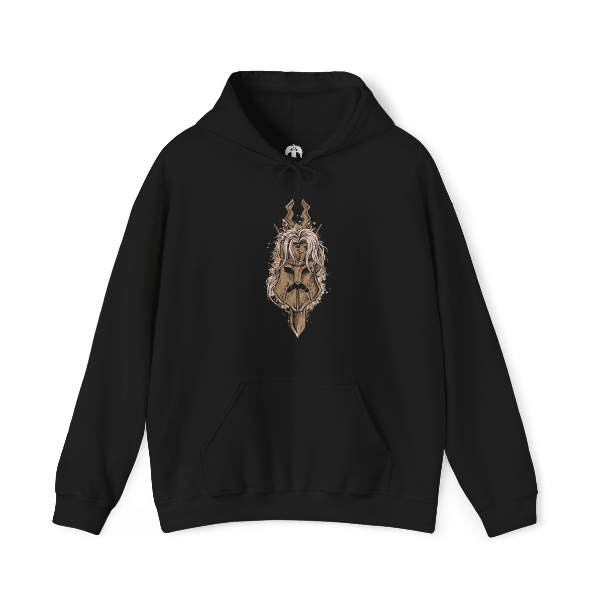 Image 4 of a Hooded Sweatshirt of Fulghor, Champion of Nightglow, standing within the Spirit Shelter as radiant golden light clashes with dark Night energy around his massive centaur form. His great spear is raised while a monstrous Night-infused arm emerges from his missing left side. Storm-like winds, shattered stone, and glowing energy surround the Darkdrift Knight, emphasizing his enormous scale and terrifying power.