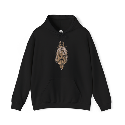 Image 4 of a Hooded Sweatshirt of Fulghor, Champion of Nightglow, standing within the Spirit Shelter as radiant golden light clashes with dark Night energy around his massive centaur form. His great spear is raised while a monstrous Night-infused arm emerges from his missing left side. Storm-like winds, shattered stone, and glowing energy surround the Darkdrift Knight, emphasizing his enormous scale and terrifying power.