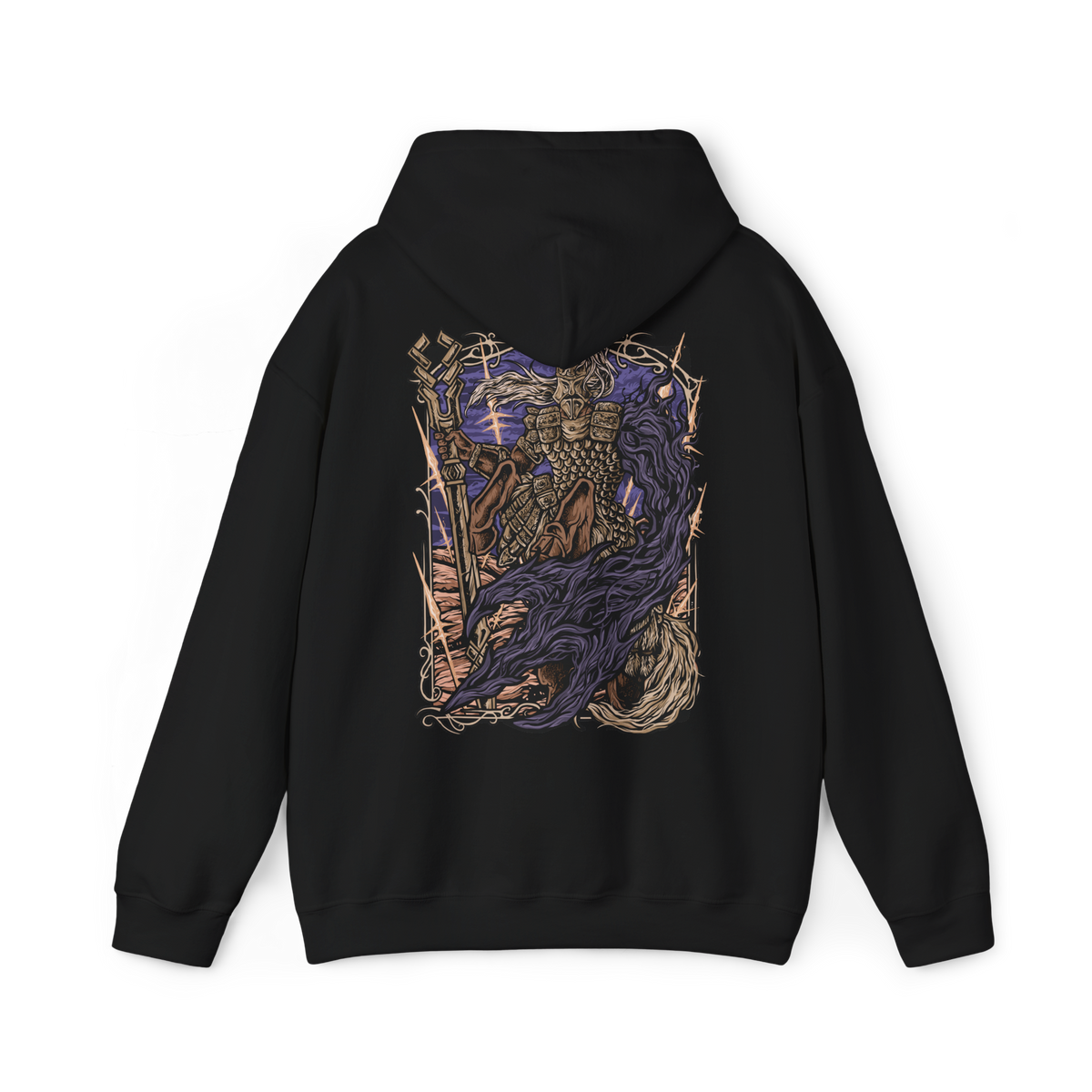 Image 5 of a Hooded Sweatshirt of Fulghor, Champion of Nightglow, standing within the Spirit Shelter as radiant golden light clashes with dark Night energy around his massive centaur form. His great spear is raised while a monstrous Night-infused arm emerges from his missing left side. Storm-like winds, shattered stone, and glowing energy surround the Darkdrift Knight, emphasizing his enormous scale and terrifying power.