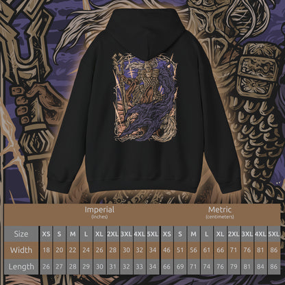 Size chart of a Hooded Sweatshirt of Fulghor, Champion of Nightglow, standing within the Spirit Shelter as radiant golden light clashes with dark Night energy around his massive centaur form. His great spear is raised while a monstrous Night-infused arm emerges from his missing left side. Storm-like winds, shattered stone, and glowing energy surround the Darkdrift Knight, emphasizing his enormous scale and terrifying power.