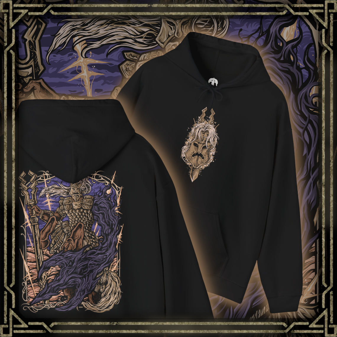 Thumbnail of a Hooded Sweatshirt of Fulghor, Champion of Nightglow, standing within the Spirit Shelter as radiant golden light clashes with dark Night energy around his massive centaur form. His great spear is raised while a monstrous Night-infused arm emerges from his missing left side. Storm-like winds, shattered stone, and glowing energy surround the Darkdrift Knight, emphasizing his enormous scale and terrifying power.