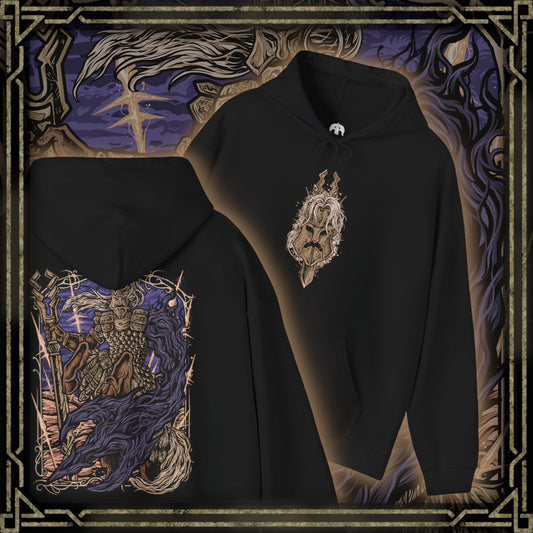 Thumbnail of a Hooded Sweatshirt of Fulghor, Champion of Nightglow, standing within the Spirit Shelter as radiant golden light clashes with dark Night energy around his massive centaur form. His great spear is raised while a monstrous Night-infused arm emerges from his missing left side. Storm-like winds, shattered stone, and glowing energy surround the Darkdrift Knight, emphasizing his enormous scale and terrifying power.