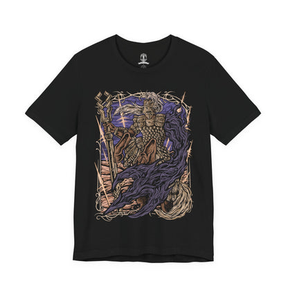 Image 4 of a T-Shirt design of Fulghor, Champion of Nightglow from Elden Ring Nightreign, depicting the ancient centaur charging forward with his massive spear surrounded by radiant golden energy. His armored body and powerful horse-like form dominate the battlefield as waves of wind and sacred power erupt around him. The artwork captures the Darkdrift Knight's imposing size, speed, and battle-worn presence.