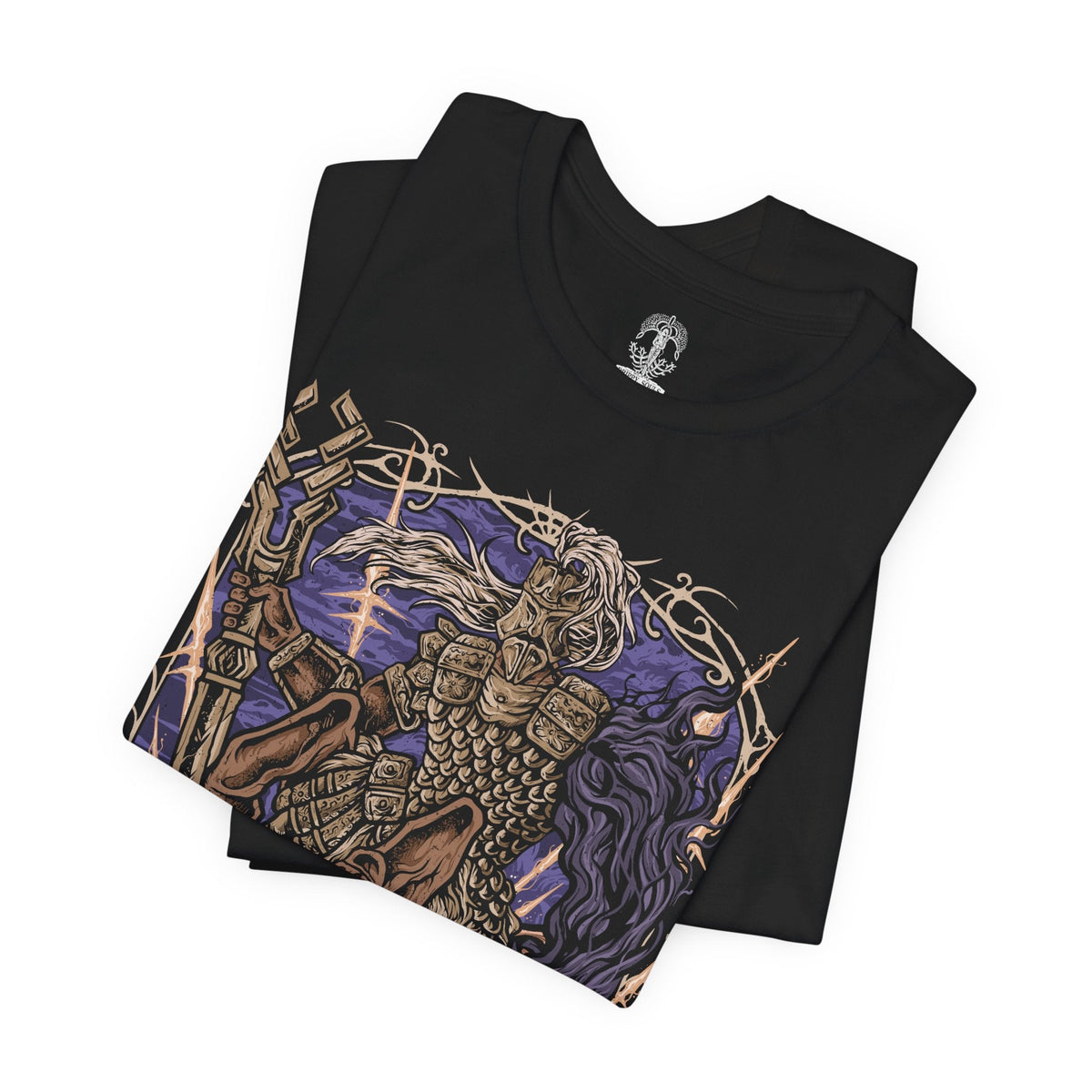 Image 5 of a T-Shirt design of Fulghor, Champion of Nightglow from Elden Ring Nightreign, depicting the ancient centaur charging forward with his massive spear surrounded by radiant golden energy. His armored body and powerful horse-like form dominate the battlefield as waves of wind and sacred power erupt around him. The artwork captures the Darkdrift Knight's imposing size, speed, and battle-worn presence.