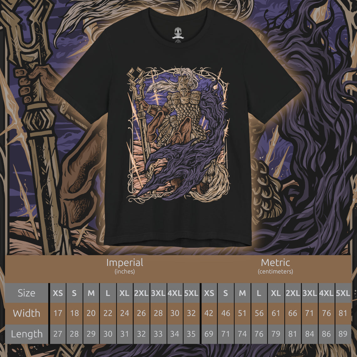Size chart of a T-Shirt design of Fulghor, Champion of Nightglow from Elden Ring Nightreign, depicting the ancient centaur charging forward with his massive spear surrounded by radiant golden energy. His armored body and powerful horse-like form dominate the battlefield as waves of wind and sacred power erupt around him. The artwork captures the Darkdrift Knight's imposing size, speed, and battle-worn presence.