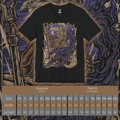 Size chart of a T-Shirt design of Fulghor, Champion of Nightglow from Elden Ring Nightreign, depicting the ancient centaur charging forward with his massive spear surrounded by radiant golden energy. His armored body and powerful horse-like form dominate the battlefield as waves of wind and sacred power erupt around him. The artwork captures the Darkdrift Knight's imposing size, speed, and battle-worn presence.