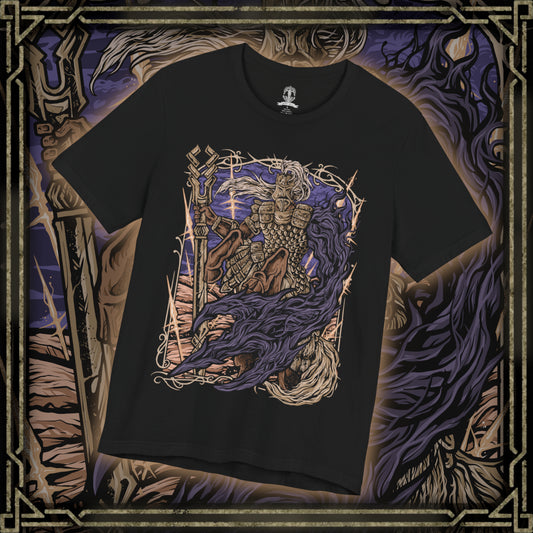 Thumbnail of a T-Shirt design of Fulghor, Champion of Nightglow from Elden Ring Nightreign, depicting the ancient centaur charging forward with his massive spear surrounded by radiant golden energy. His armored body and powerful horse-like form dominate the battlefield as waves of wind and sacred power erupt around him. The artwork captures the Darkdrift Knight's imposing size, speed, and battle-worn presence.