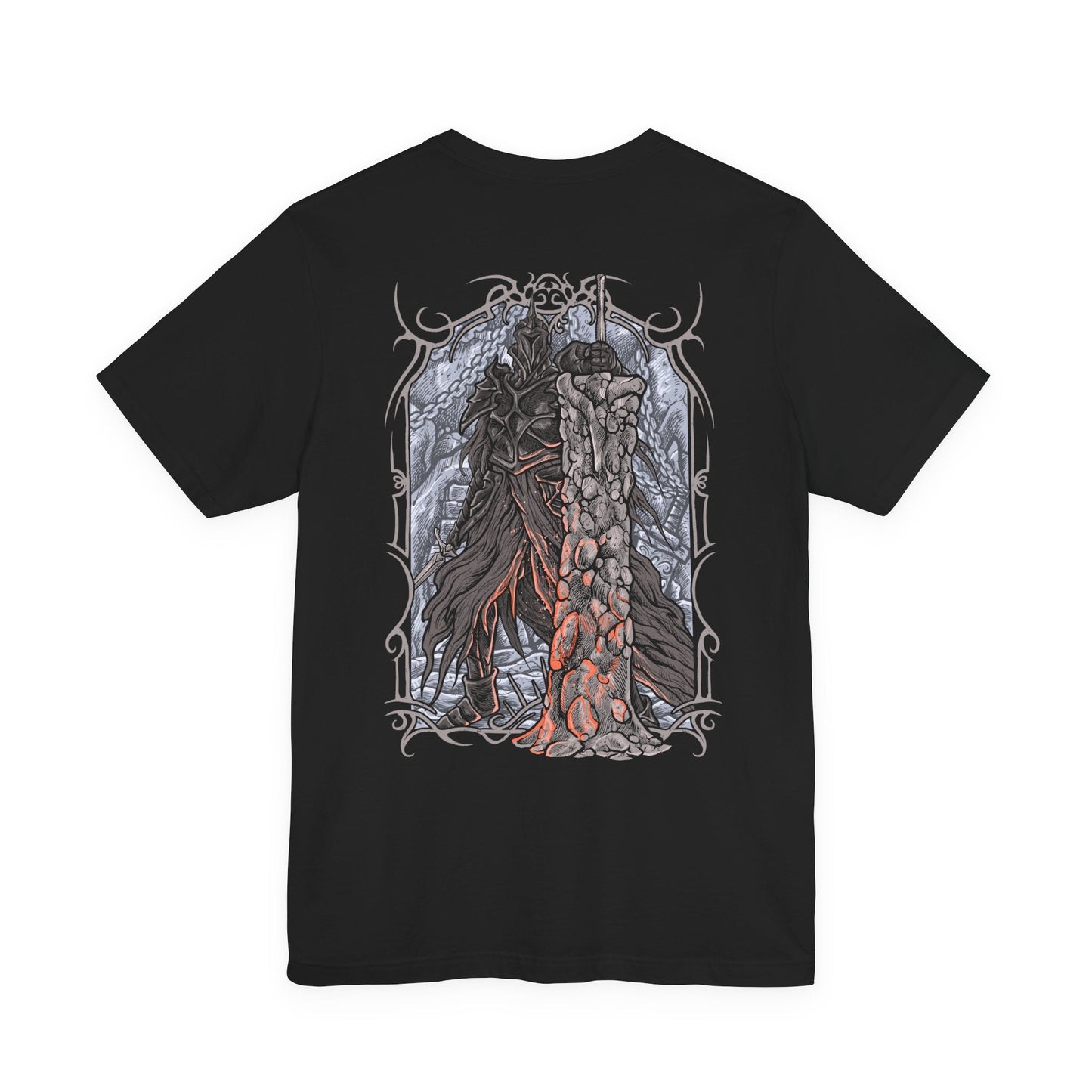 Image 5 of a T-shirt artwork depicting the Fume Knight advancing through a haze of fire and smoke, wielding both his heavy greatsword and dark flame blade. Cracked stone and molten embers surround him as his presence distorts the battlefield. This design reflects his unmatched combat prowess, tragic betrayal, and transformation into one of the most feared knights in Drangleic.