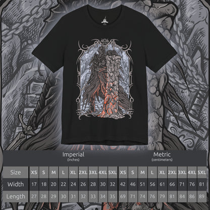 Size chart of a T-shirt artwork depicting the Fume Knight advancing through a haze of fire and smoke, wielding both his heavy greatsword and dark flame blade. Cracked stone and molten embers surround him as his presence distorts the battlefield. This design reflects his unmatched combat prowess, tragic betrayal, and transformation into one of the most feared knights in Drangleic.
