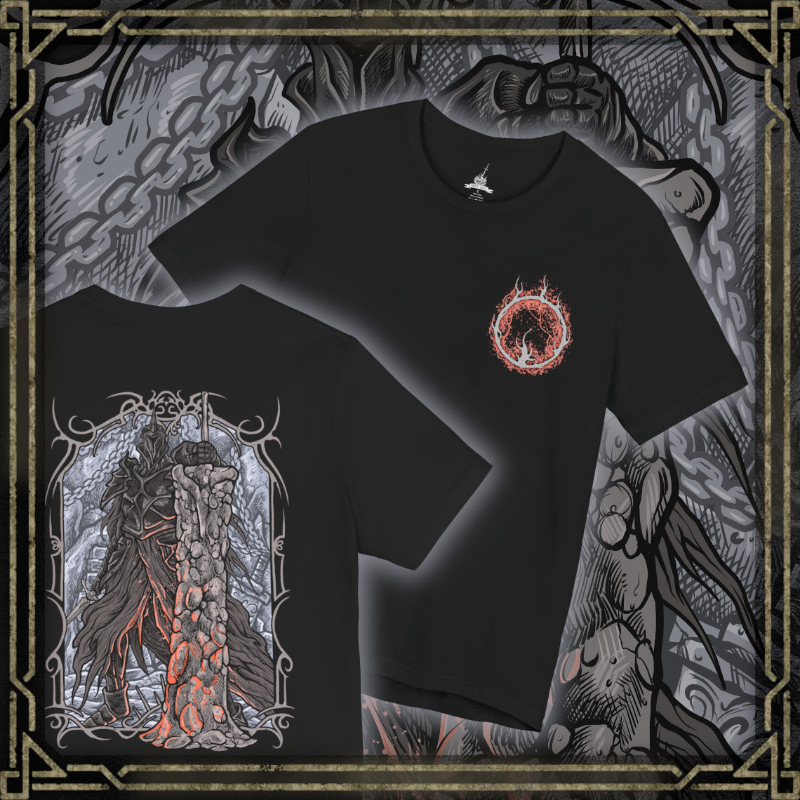 Thumbnail of a T-shirt artwork depicting the Fume Knight advancing through a haze of fire and smoke, wielding both his heavy greatsword and dark flame blade. Cracked stone and molten embers surround him as his presence distorts the battlefield. This design reflects his unmatched combat prowess, tragic betrayal, and transformation into one of the most feared knights in Drangleic.
