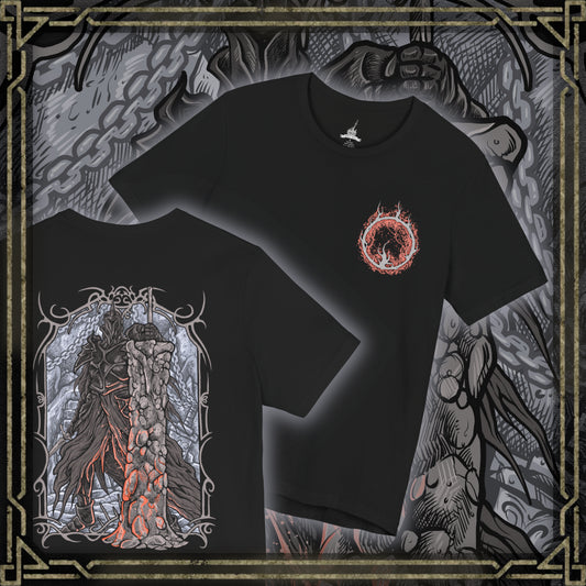 Thumbnail of a T-shirt artwork depicting the Fume Knight advancing through a haze of fire and smoke, wielding both his heavy greatsword and dark flame blade. Cracked stone and molten embers surround him as his presence distorts the battlefield. This design reflects his unmatched combat prowess, tragic betrayal, and transformation into one of the most feared knights in Drangleic.