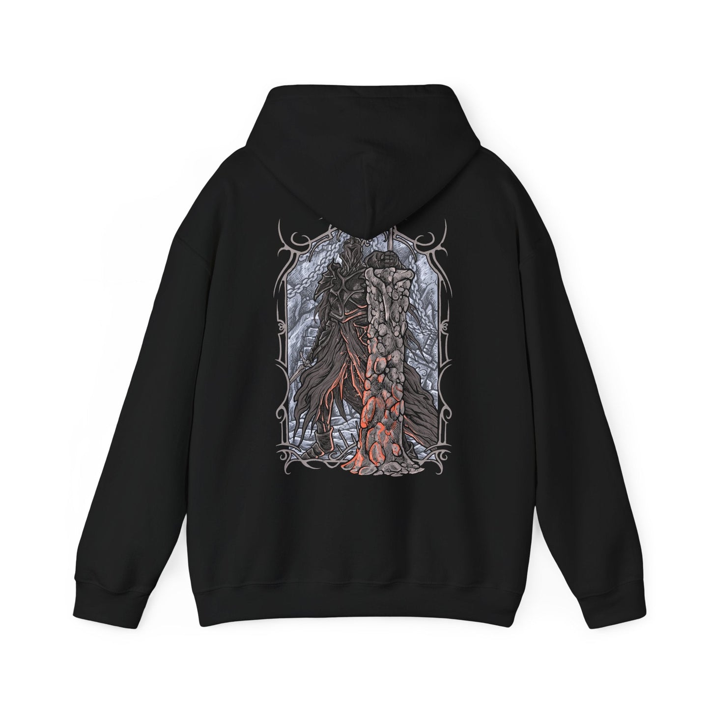 Image 5 of a Hooded Sweatshirt of the Fume Knight engulfed in dark flames, his armor glowing with infernal energy as he prepares to strike. The scorched halls of Brume Tower loom behind him, filled with ruin and silence. The composition emphasizes power, isolation, and the relentless fury of a warrior abandoned by his king and consumed by vengeance.
