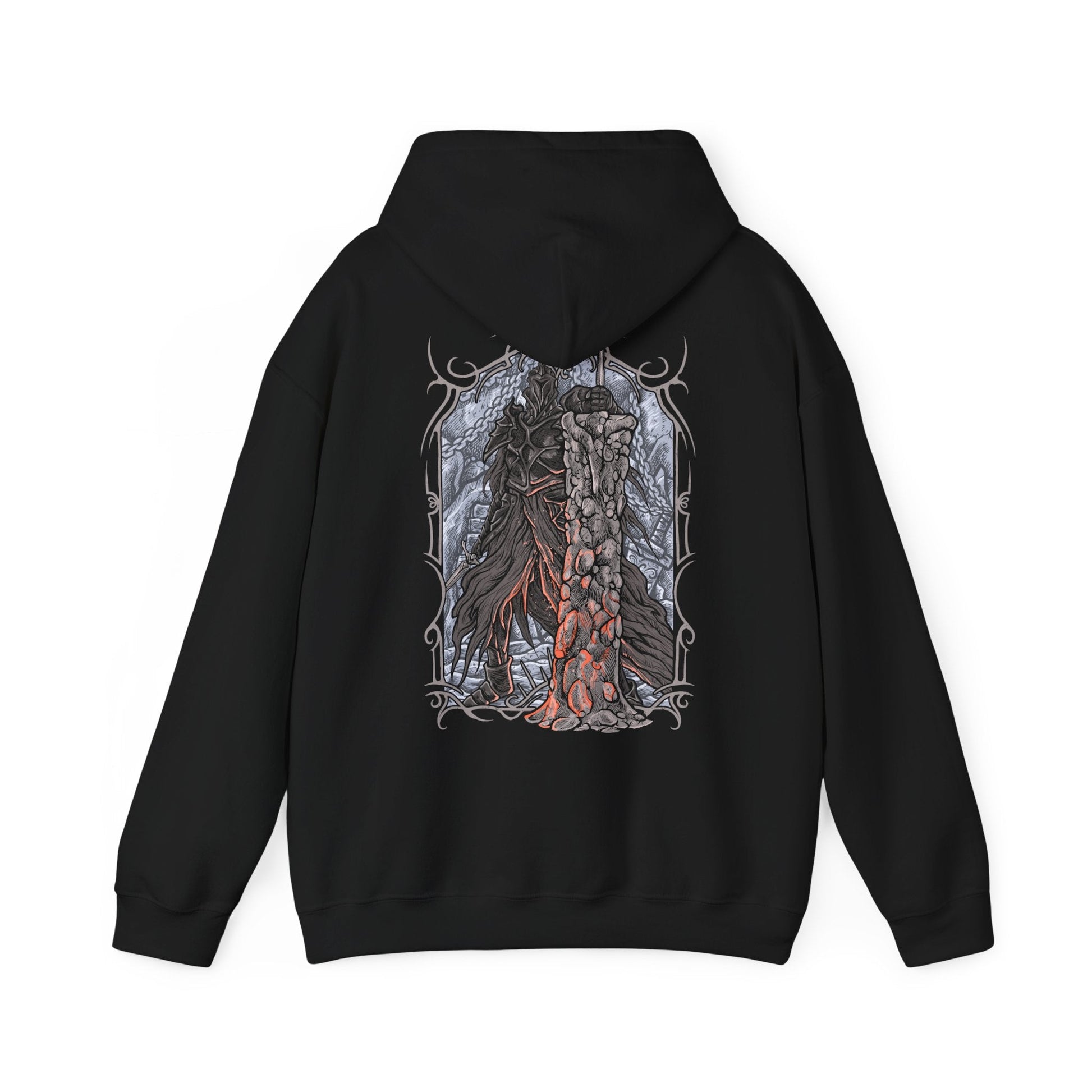 Image 5 of a Hooded Sweatshirt of the Fume Knight engulfed in dark flames, his armor glowing with infernal energy as he prepares to strike. The scorched halls of Brume Tower loom behind him, filled with ruin and silence. The composition emphasizes power, isolation, and the relentless fury of a warrior abandoned by his king and consumed by vengeance.