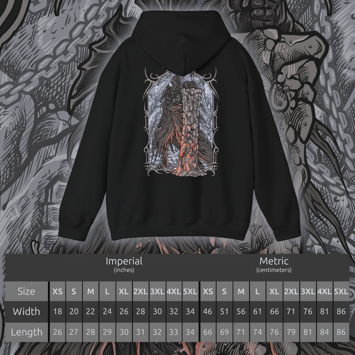 Size chart of a Hooded Sweatshirt of the Fume Knight engulfed in dark flames, his armor glowing with infernal energy as he prepares to strike. The scorched halls of Brume Tower loom behind him, filled with ruin and silence. The composition emphasizes power, isolation, and the relentless fury of a warrior abandoned by his king and consumed by vengeance.