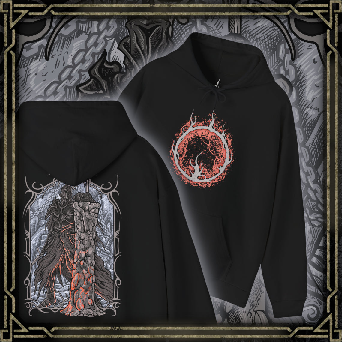 Thumbnail of a Hooded Sweatshirt of the Fume Knight engulfed in dark flames, his armor glowing with infernal energy as he prepares to strike. The scorched halls of Brume Tower loom behind him, filled with ruin and silence. The composition emphasizes power, isolation, and the relentless fury of a warrior abandoned by his king and consumed by vengeance.