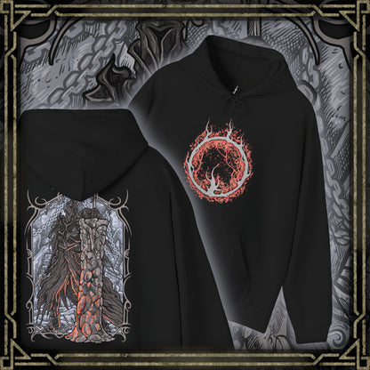 Thumbnail of a Hooded Sweatshirt of the Fume Knight engulfed in dark flames, his armor glowing with infernal energy as he prepares to strike. The scorched halls of Brume Tower loom behind him, filled with ruin and silence. The composition emphasizes power, isolation, and the relentless fury of a warrior abandoned by his king and consumed by vengeance.