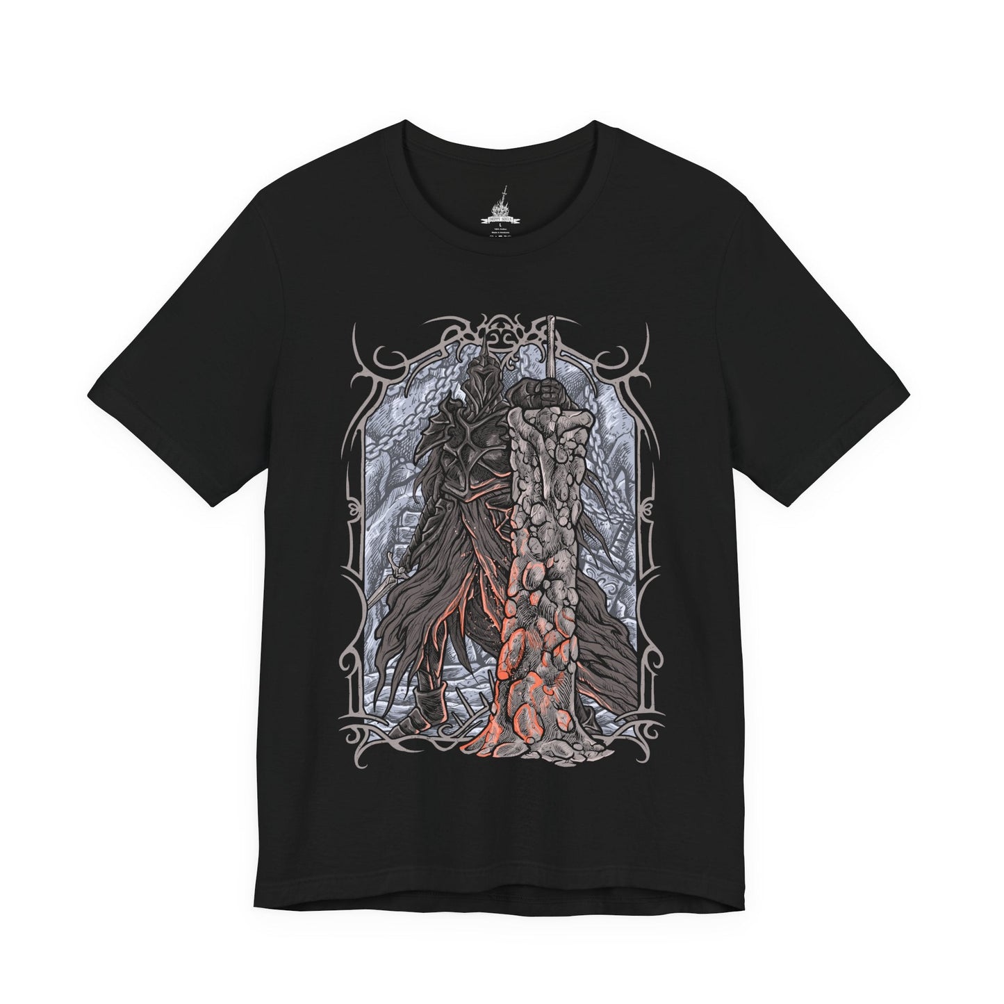 Image 4 of a T-shirt design of the Fume Knight from Dark Souls II, standing within the smoldering ruins of Brume Tower as ash drifts through the air. His massive ultra greatsword burns with dark flame while his corrupted armor radiates abyssal energy. The design captures Raime’s fall from loyal knight to forsaken warrior, consumed by hatred and bound to the Iron King’s cursed domain.