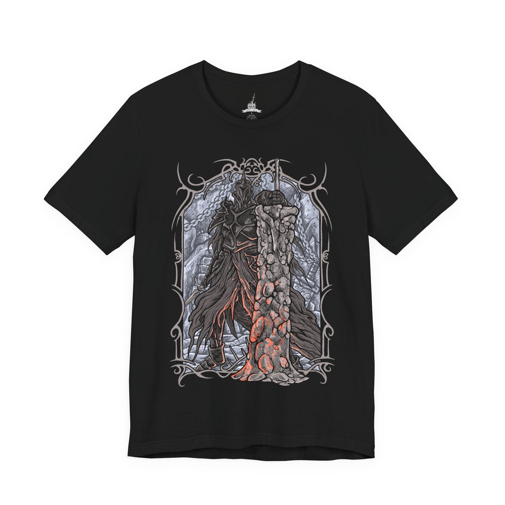 Image 4 of a T-shirt design of the Fume Knight from Dark Souls II, standing within the smoldering ruins of Brume Tower as ash drifts through the air. His massive ultra greatsword burns with dark flame while his corrupted armor radiates abyssal energy. The design captures Raime’s fall from loyal knight to forsaken warrior, consumed by hatred and bound to the Iron King’s cursed domain.