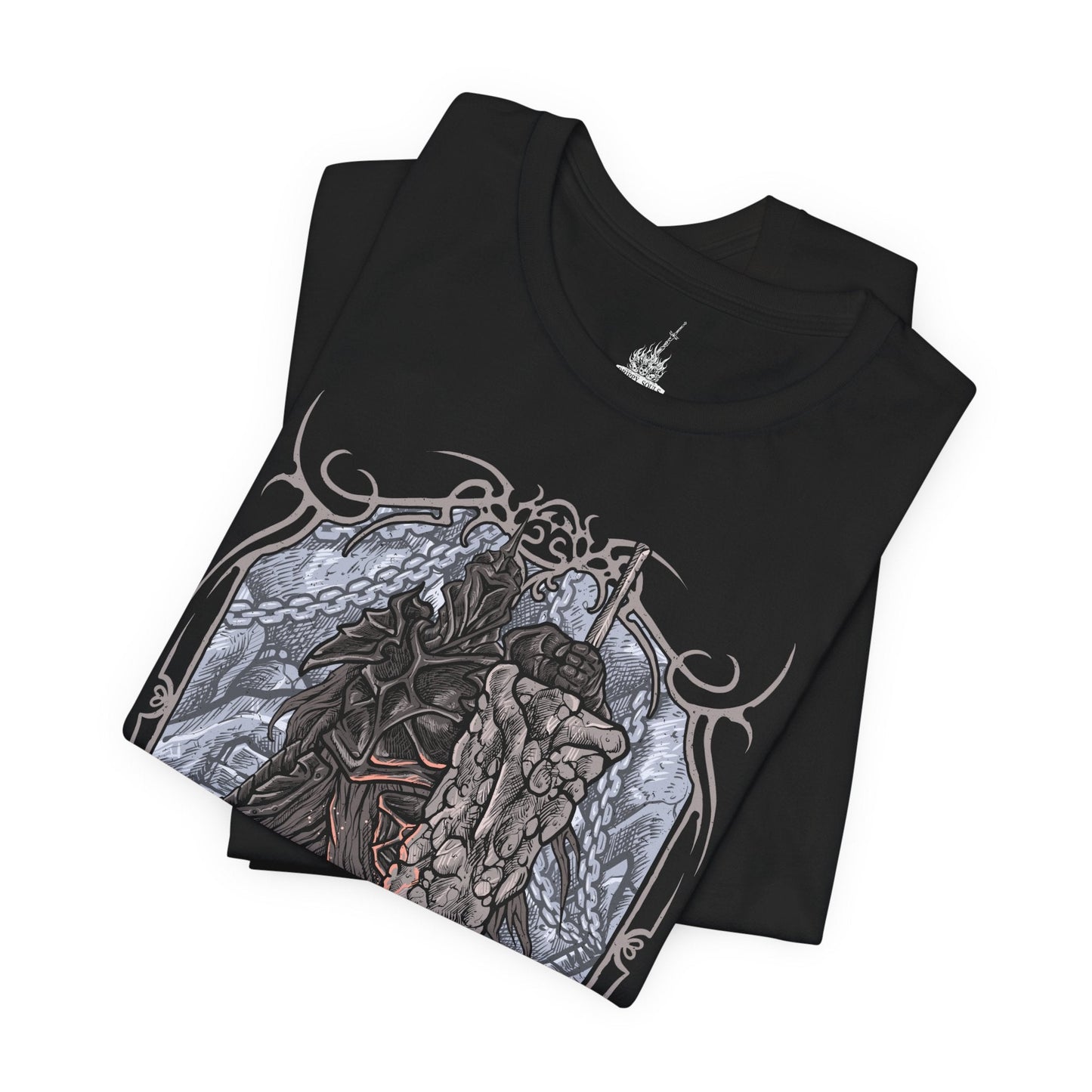 Image 5 of a T-shirt design of the Fume Knight from Dark Souls II, standing within the smoldering ruins of Brume Tower as ash drifts through the air. His massive ultra greatsword burns with dark flame while his corrupted armor radiates abyssal energy. The design captures Raime’s fall from loyal knight to forsaken warrior, consumed by hatred and bound to the Iron King’s cursed domain.