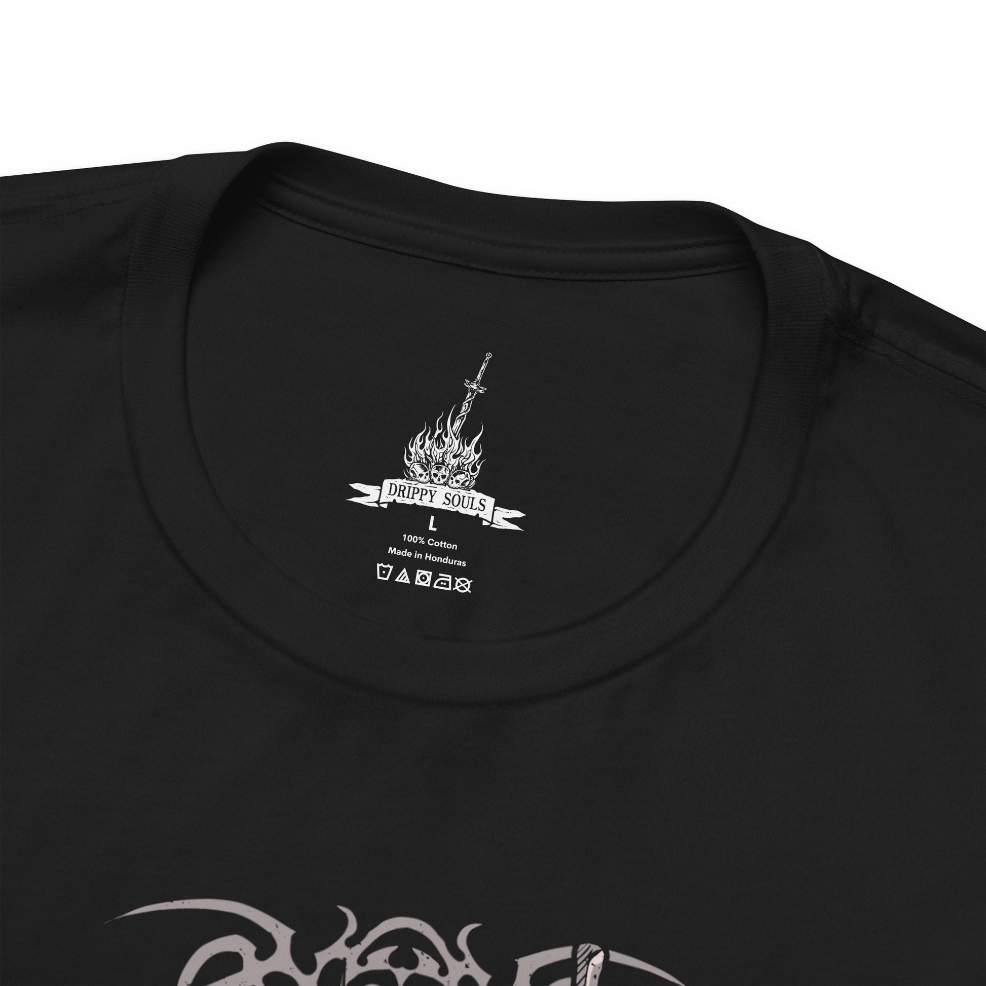 Folded T-shirt design of the Fume Knight from Dark Souls II, standing within the smoldering ruins of Brume Tower as ash drifts through the air. His massive ultra greatsword burns with dark flame while his corrupted armor radiates abyssal energy. The design captures Raime’s fall from loyal knight to forsaken warrior, consumed by hatred and bound to the Iron King’s cursed domain.