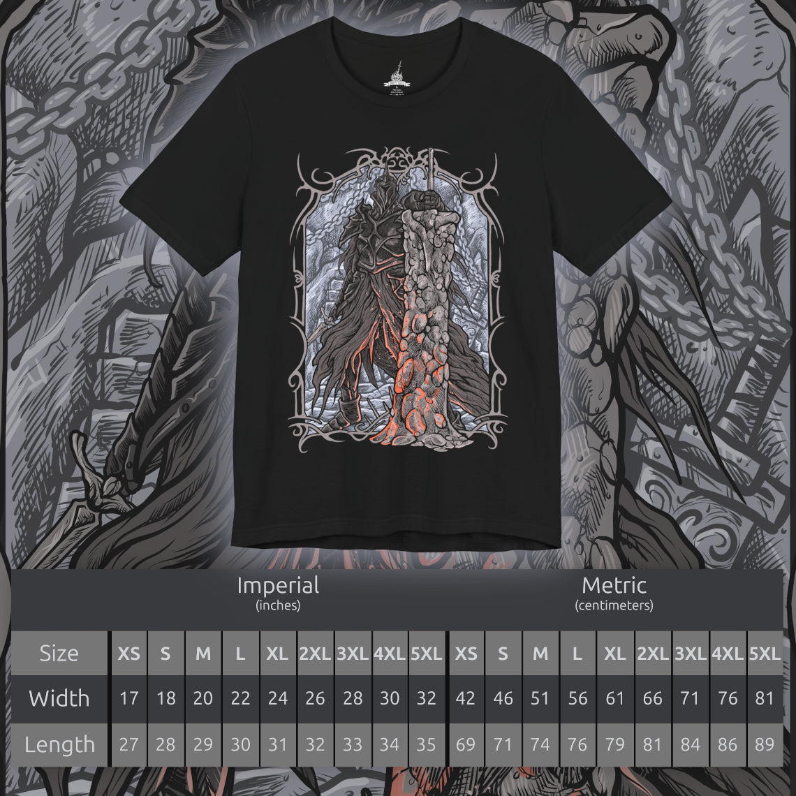 Size chart of a T-shirt design of the Fume Knight from Dark Souls II, standing within the smoldering ruins of Brume Tower as ash drifts through the air. His massive ultra greatsword burns with dark flame while his corrupted armor radiates abyssal energy. The design captures Raime’s fall from loyal knight to forsaken warrior, consumed by hatred and bound to the Iron King’s cursed domain.