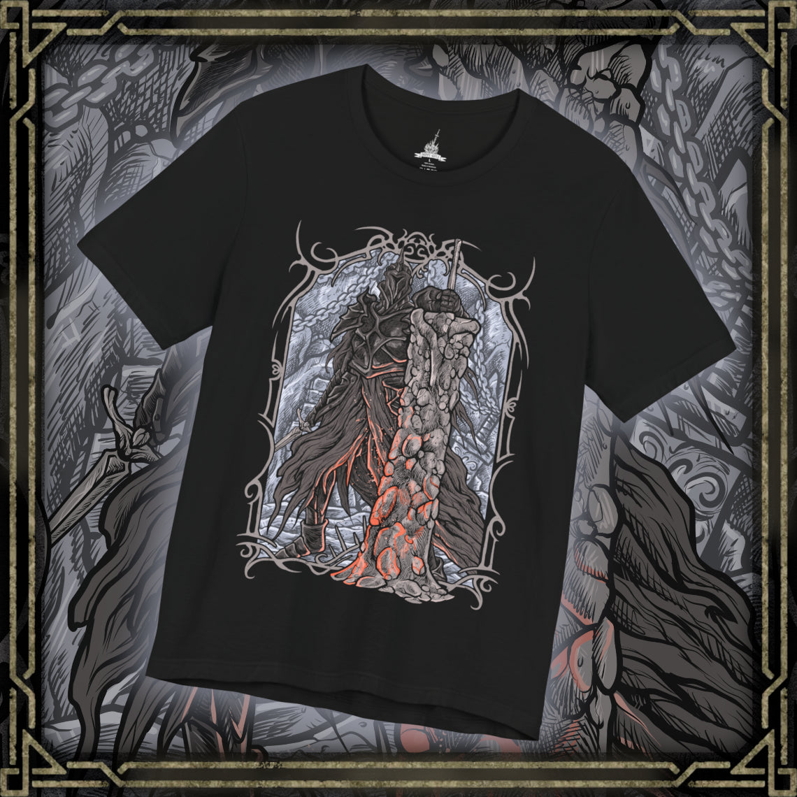 Thumbnail of a T-shirt design of the Fume Knight from Dark Souls II, standing within the smoldering ruins of Brume Tower as ash drifts through the air. His massive ultra greatsword burns with dark flame while his corrupted armor radiates abyssal energy. The design captures Raime’s fall from loyal knight to forsaken warrior, consumed by hatred and bound to the Iron King’s cursed domain.