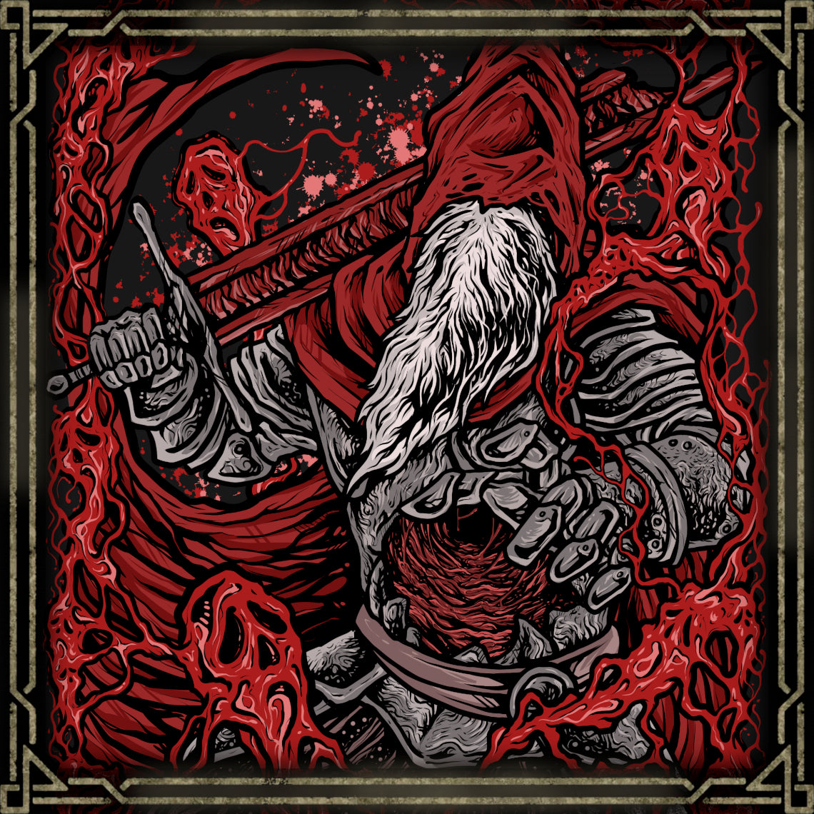 Concept Art of Gael Devourer of the Dark Soul. At the end of the world, Gael has consumed the Dark Soul fragments held by the Pygmy Lords, hoping to gather enough power to create the pigment for a new Painted World. The Dark Soul overwhelms him, transforming the former slave knight into a relentless monster. His final battle against the Ashen One becomes a struggle over the future of the painting and the last remnants of a dying age.
