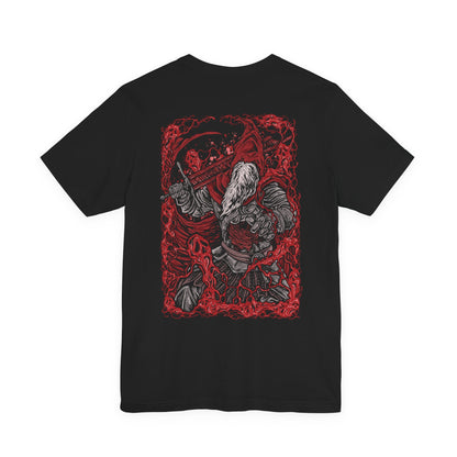 Image 5 of a T-Shirt artwork depicting Gael in his final boss form from Dark Souls III, lunging across a ruined battlefield with his massive greatsword as his torn red cloak whips through the air. Dark Soul energy and crimson lightning surround his armored body beneath a blood-red sky filled with drifting ash. The design emphasizes his feral transformation, tragic purpose, and apocalyptic final battle.