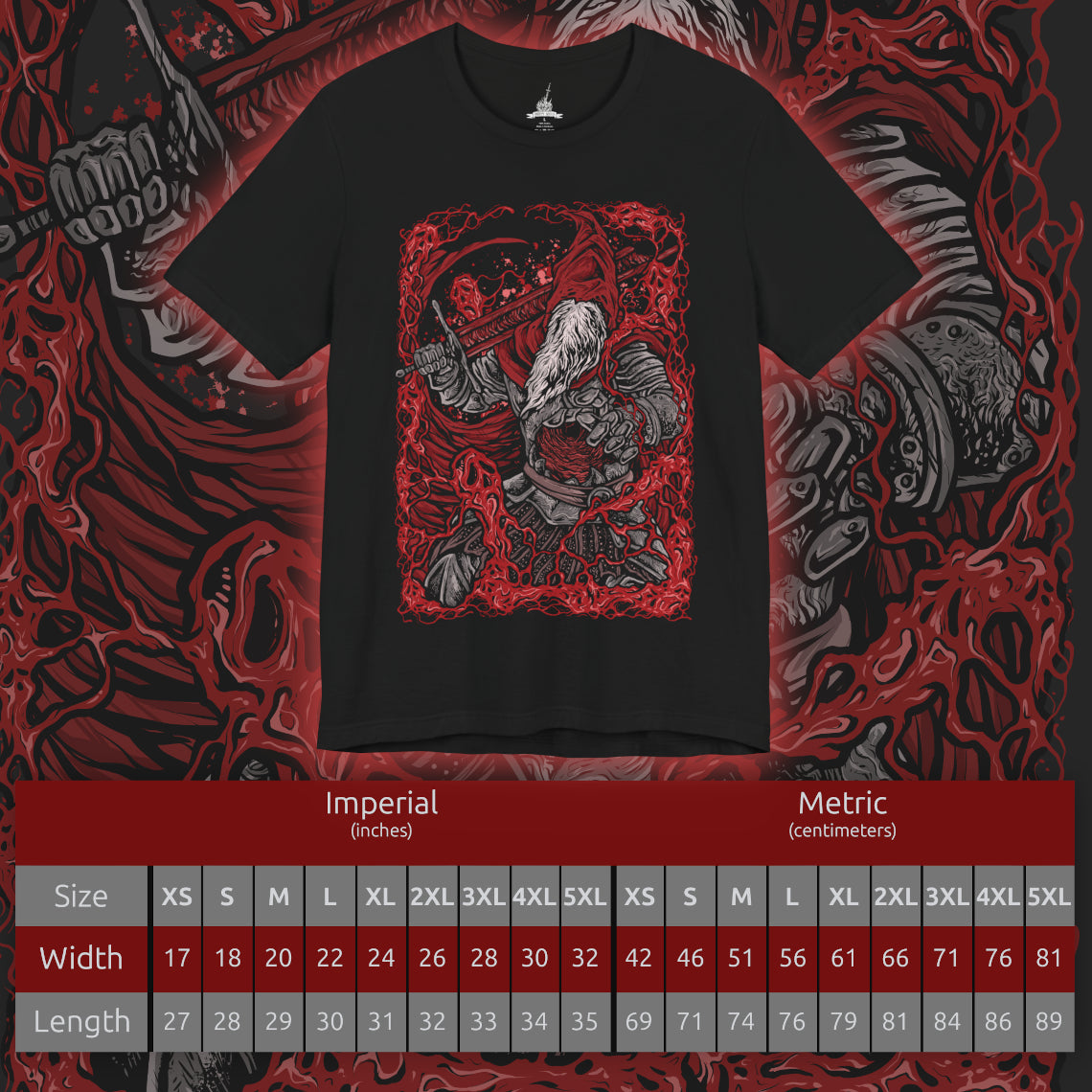 Size chart of a T-Shirt artwork depicting Gael in his final boss form from Dark Souls III, lunging across a ruined battlefield with his massive greatsword as his torn red cloak whips through the air. Dark Soul energy and crimson lightning surround his armored body beneath a blood-red sky filled with drifting ash. The design emphasizes his feral transformation, tragic purpose, and apocalyptic final battle.