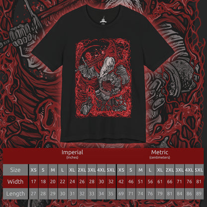 Size chart of a T-Shirt artwork depicting Gael in his final boss form from Dark Souls III, lunging across a ruined battlefield with his massive greatsword as his torn red cloak whips through the air. Dark Soul energy and crimson lightning surround his armored body beneath a blood-red sky filled with drifting ash. The design emphasizes his feral transformation, tragic purpose, and apocalyptic final battle.