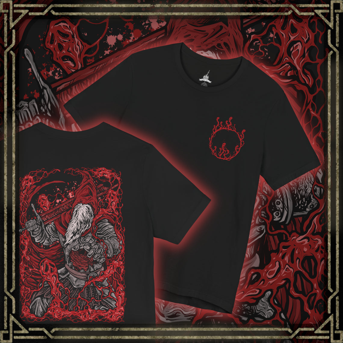 Thumbnail of a T-Shirt artwork depicting Gael in his final boss form from Dark Souls III, lunging across a ruined battlefield with his massive greatsword as his torn red cloak whips through the air. Dark Soul energy and crimson lightning surround his armored body beneath a blood-red sky filled with drifting ash. The design emphasizes his feral transformation, tragic purpose, and apocalyptic final battle.
