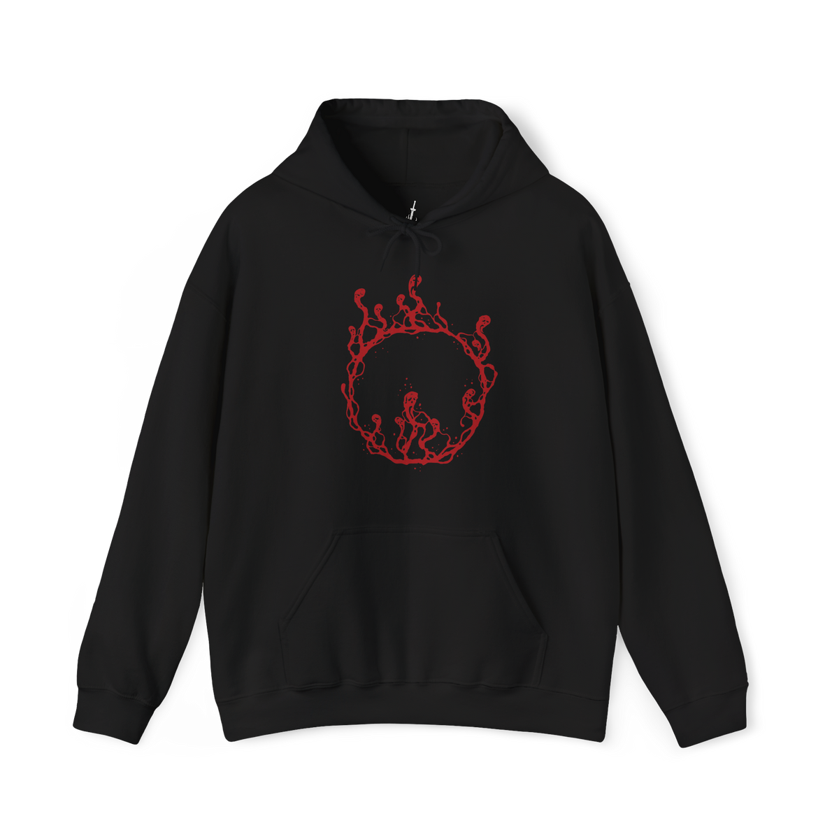 Image 4 of a Hooded Sweatshirt of Gael, Devourer of the Dark Soul from Dark Souls III: The Ringed City, towering over the ash-covered landscape at the end of the world. His battered armor and tattered red cloak frame his enormous greatsword as crimson lightning and dark energy erupt around him. The blood-red horizon and desolate ruins emphasize the tragic scale of Gael's final quest and his transformation into a vessel of the Dark Soul.