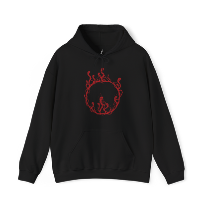 Image 4 of a Hooded Sweatshirt of Gael, Devourer of the Dark Soul from Dark Souls III: The Ringed City, towering over the ash-covered landscape at the end of the world. His battered armor and tattered red cloak frame his enormous greatsword as crimson lightning and dark energy erupt around him. The blood-red horizon and desolate ruins emphasize the tragic scale of Gael's final quest and his transformation into a vessel of the Dark Soul.