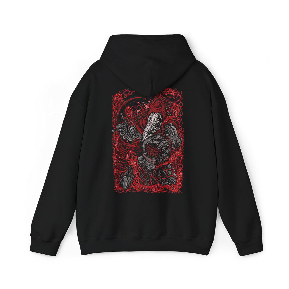 Image 5 of a Hooded Sweatshirt of Gael, Devourer of the Dark Soul from Dark Souls III: The Ringed City, towering over the ash-covered landscape at the end of the world. His battered armor and tattered red cloak frame his enormous greatsword as crimson lightning and dark energy erupt around him. The blood-red horizon and desolate ruins emphasize the tragic scale of Gael's final quest and his transformation into a vessel of the Dark Soul.