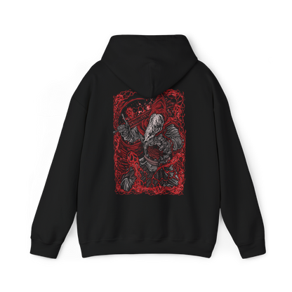 Image 5 of a Hooded Sweatshirt of Gael, Devourer of the Dark Soul from Dark Souls III: The Ringed City, towering over the ash-covered landscape at the end of the world. His battered armor and tattered red cloak frame his enormous greatsword as crimson lightning and dark energy erupt around him. The blood-red horizon and desolate ruins emphasize the tragic scale of Gael's final quest and his transformation into a vessel of the Dark Soul.