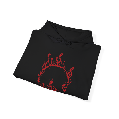 Image 6 of a Hooded Sweatshirt of Gael, Devourer of the Dark Soul from Dark Souls III: The Ringed City, towering over the ash-covered landscape at the end of the world. His battered armor and tattered red cloak frame his enormous greatsword as crimson lightning and dark energy erupt around him. The blood-red horizon and desolate ruins emphasize the tragic scale of Gael's final quest and his transformation into a vessel of the Dark Soul.