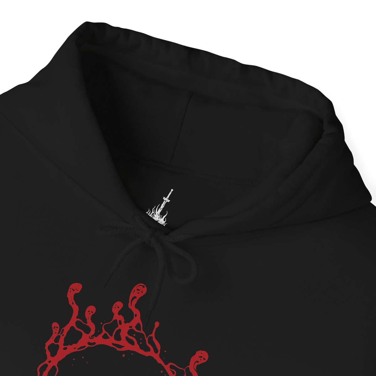 Folded Hooded Sweatshirt of Gael, Devourer of the Dark Soul from Dark Souls III: The Ringed City, towering over the ash-covered landscape at the end of the world. His battered armor and tattered red cloak frame his enormous greatsword as crimson lightning and dark energy erupt around him. The blood-red horizon and desolate ruins emphasize the tragic scale of Gael's final quest and his transformation into a vessel of the Dark Soul.