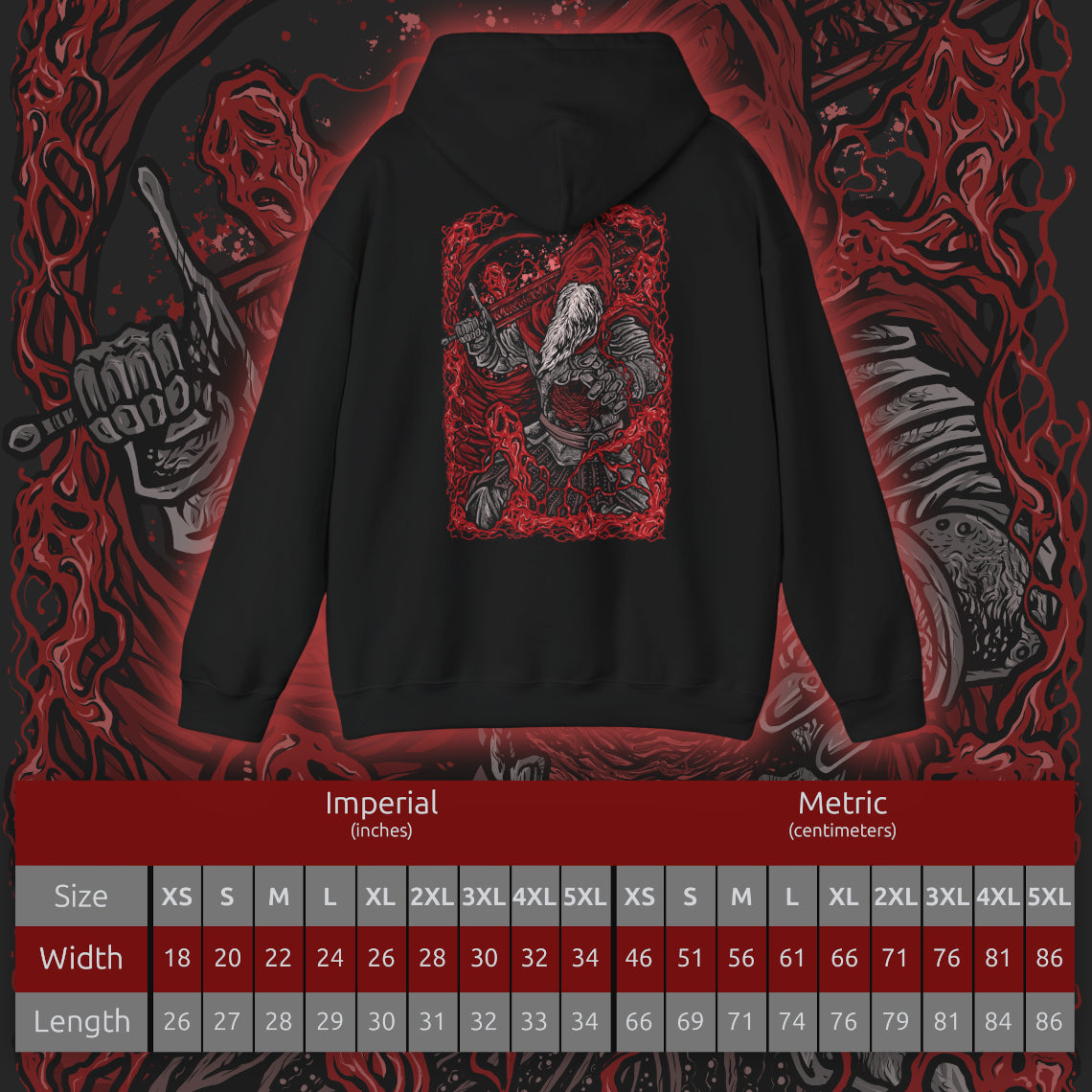 Size chart of a Hooded Sweatshirt of Gael, Devourer of the Dark Soul from Dark Souls III: The Ringed City, towering over the ash-covered landscape at the end of the world. His battered armor and tattered red cloak frame his enormous greatsword as crimson lightning and dark energy erupt around him. The blood-red horizon and desolate ruins emphasize the tragic scale of Gael's final quest and his transformation into a vessel of the Dark Soul.