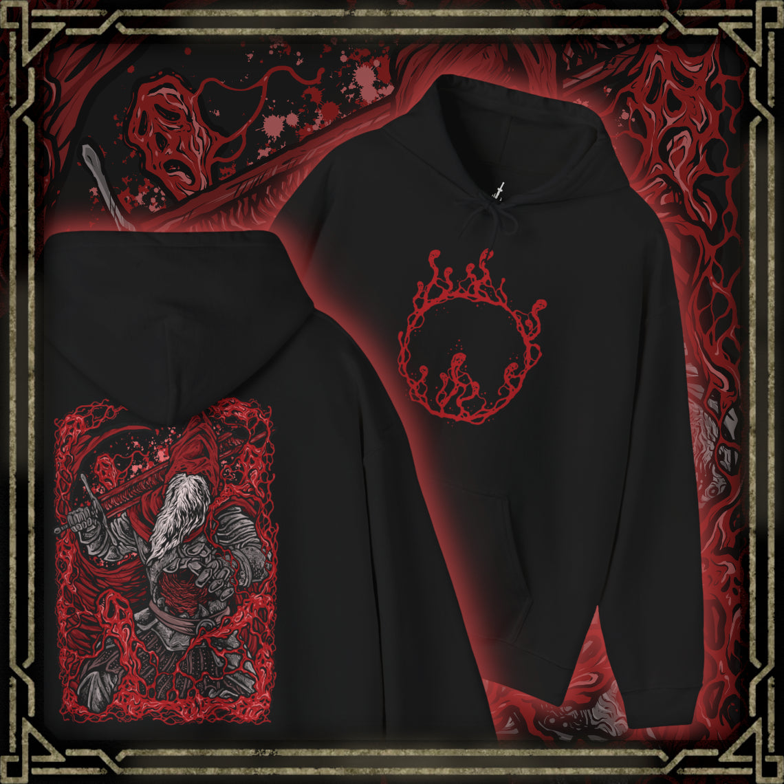 Thumbnail of a Hooded Sweatshirt of Gael, Devourer of the Dark Soul from Dark Souls III: The Ringed City, towering over the ash-covered landscape at the end of the world. His battered armor and tattered red cloak frame his enormous greatsword as crimson lightning and dark energy erupt around him. The blood-red horizon and desolate ruins emphasize the tragic scale of Gael's final quest and his transformation into a vessel of the Dark Soul.