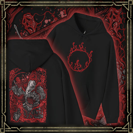 Thumbnail of a Hooded Sweatshirt of Gael, Devourer of the Dark Soul from Dark Souls III: The Ringed City, towering over the ash-covered landscape at the end of the world. His battered armor and tattered red cloak frame his enormous greatsword as crimson lightning and dark energy erupt around him. The blood-red horizon and desolate ruins emphasize the tragic scale of Gael's final quest and his transformation into a vessel of the Dark Soul.