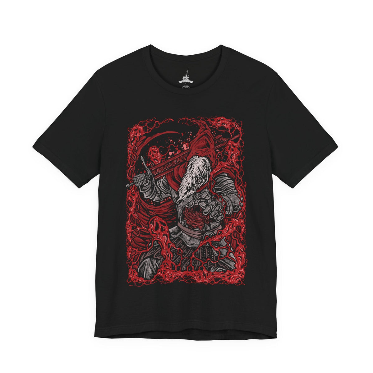 Image 4 of a T-Shirt design of Slave Knight Gael, Devourer of the Dark Soul from Dark Souls III: The Ringed City, standing amid the desolate ruins at the end of the world. His battered armor, flowing red cloak, and enormous greatsword are surrounded by swirling ash and crimson light. The composition captures Gael's tragic transformation, relentless determination, and desperate hunt for the Dark Soul.