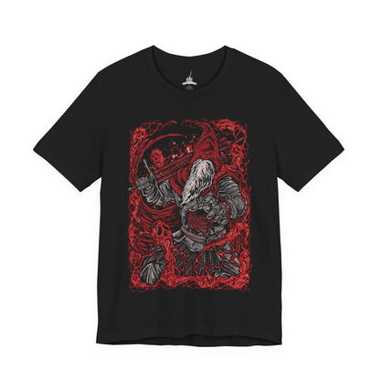 Image 4 of a T-Shirt design of Slave Knight Gael, Devourer of the Dark Soul from Dark Souls III: The Ringed City, standing amid the desolate ruins at the end of the world. His battered armor, flowing red cloak, and enormous greatsword are surrounded by swirling ash and crimson light. The composition captures Gael's tragic transformation, relentless determination, and desperate hunt for the Dark Soul.
