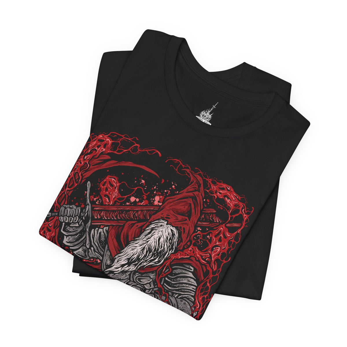 Image 5 of a T-Shirt design of Slave Knight Gael, Devourer of the Dark Soul from Dark Souls III: The Ringed City, standing amid the desolate ruins at the end of the world. His battered armor, flowing red cloak, and enormous greatsword are surrounded by swirling ash and crimson light. The composition captures Gael's tragic transformation, relentless determination, and desperate hunt for the Dark Soul.