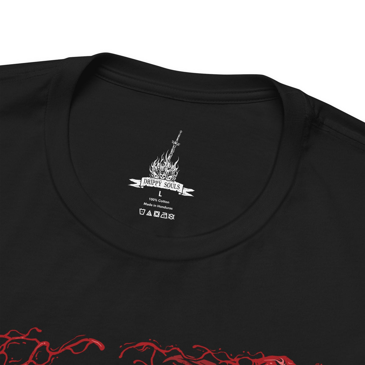 Folded T-Shirt design of Slave Knight Gael, Devourer of the Dark Soul from Dark Souls III: The Ringed City, standing amid the desolate ruins at the end of the world. His battered armor, flowing red cloak, and enormous greatsword are surrounded by swirling ash and crimson light. The composition captures Gael's tragic transformation, relentless determination, and desperate hunt for the Dark Soul.
